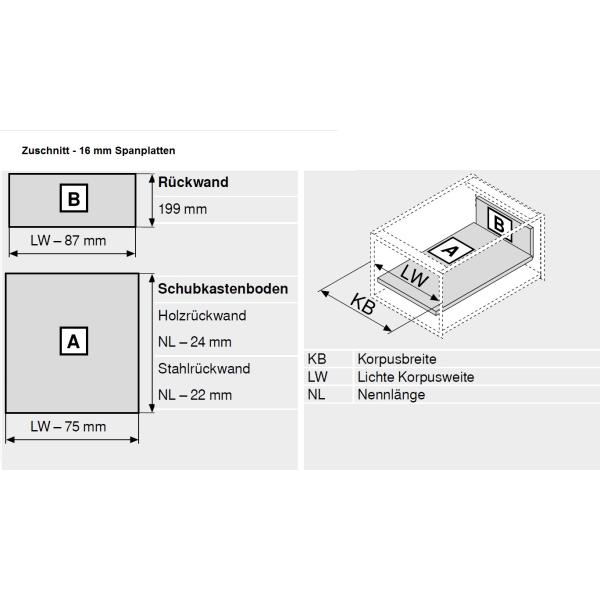 Schubkasten-Bausatz, Tandembox Antaro, Systemhöhe D 224mm mit Reling, mit Korpusschiene 30/65 kg Blumotion